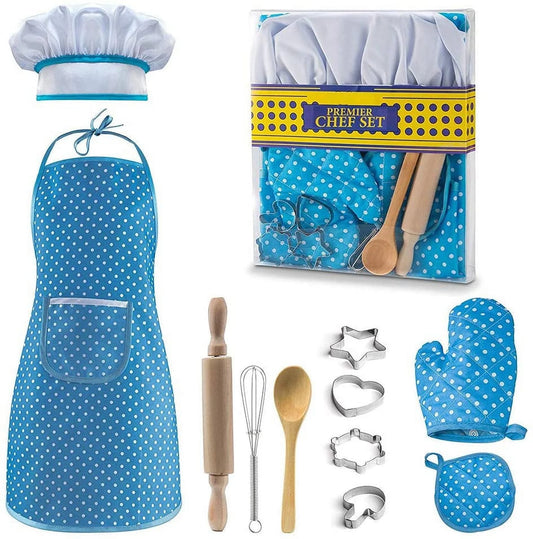 Deluxe Kids Cooking Set - 11-Piece Chef Role Play Kit for Girls Ages 3-6 with Apron, Chef Hat, Oven Mitt, Utensils & Baking Tools - Perfect Birthday & Festival Gift in Blue!