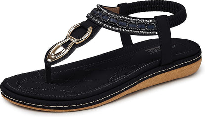 SHIBEVER Women's Elegant Summer Sandals: Comfortable Flat Bohemian T-Strap Casual Footwear