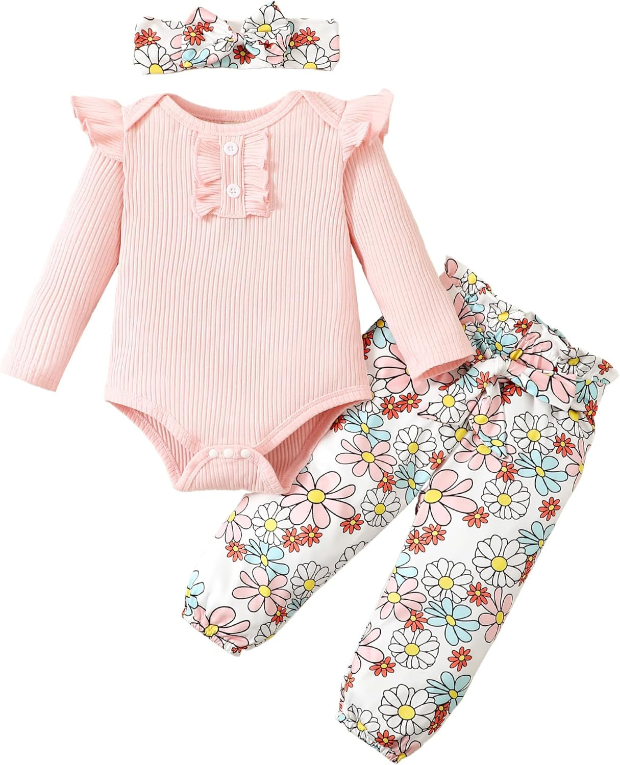 Adorable Kislio Newborn Baby Girls Outfit Set - Ribbed Ruffled Romper, Floral Pants & Matching Headband