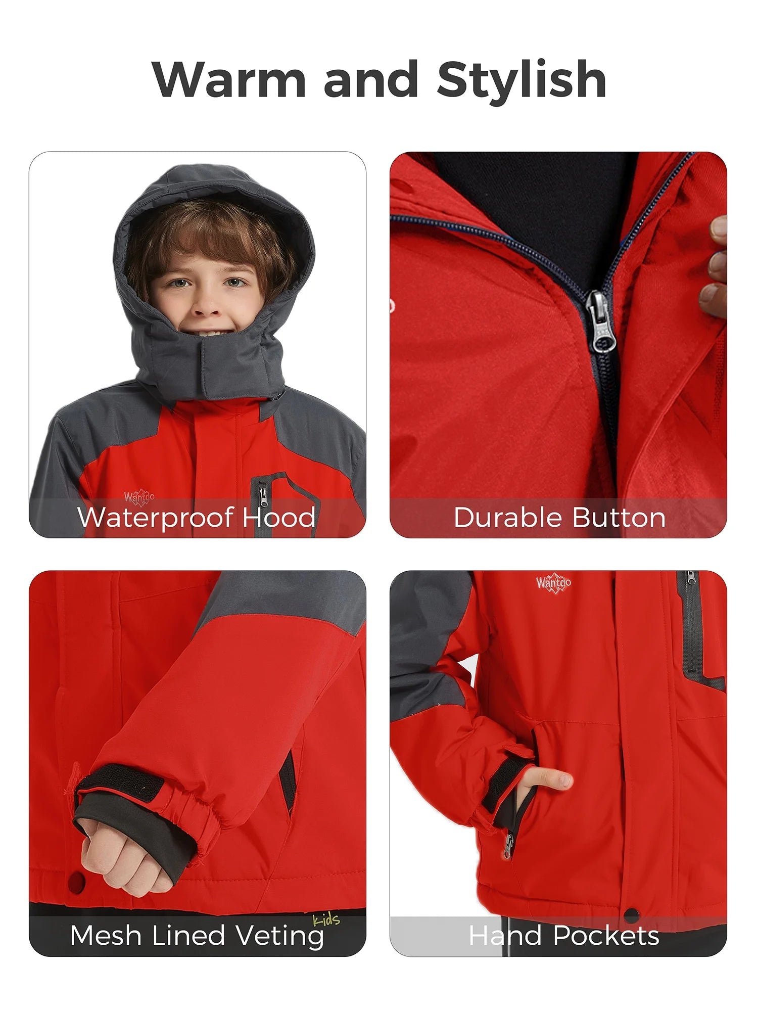 Boys' Waterproof Recycled Winter Ski Jacket - Red, Size 8