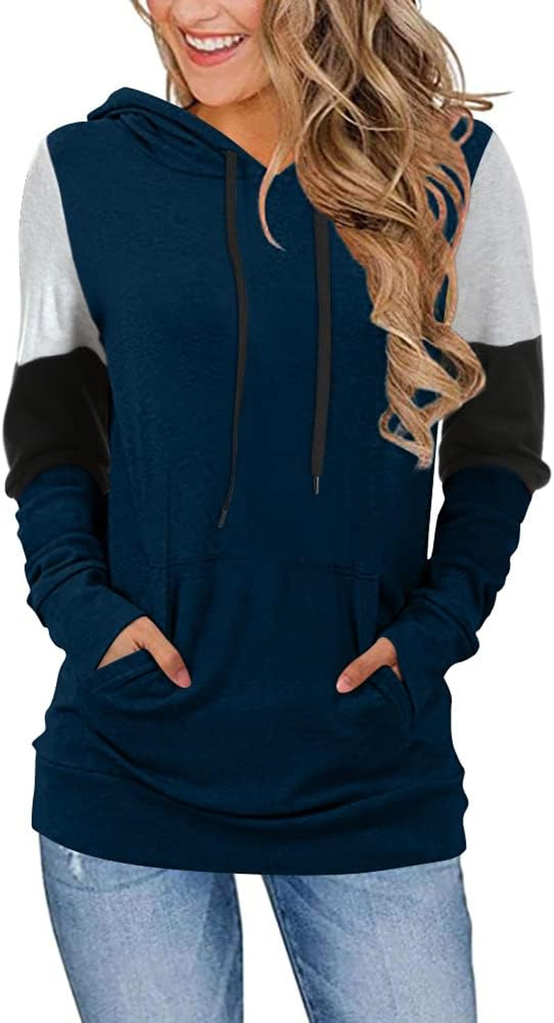 CATHY Women's Casual Color Block Long Sleeve Pullover Hoodie Tunic with Pocket