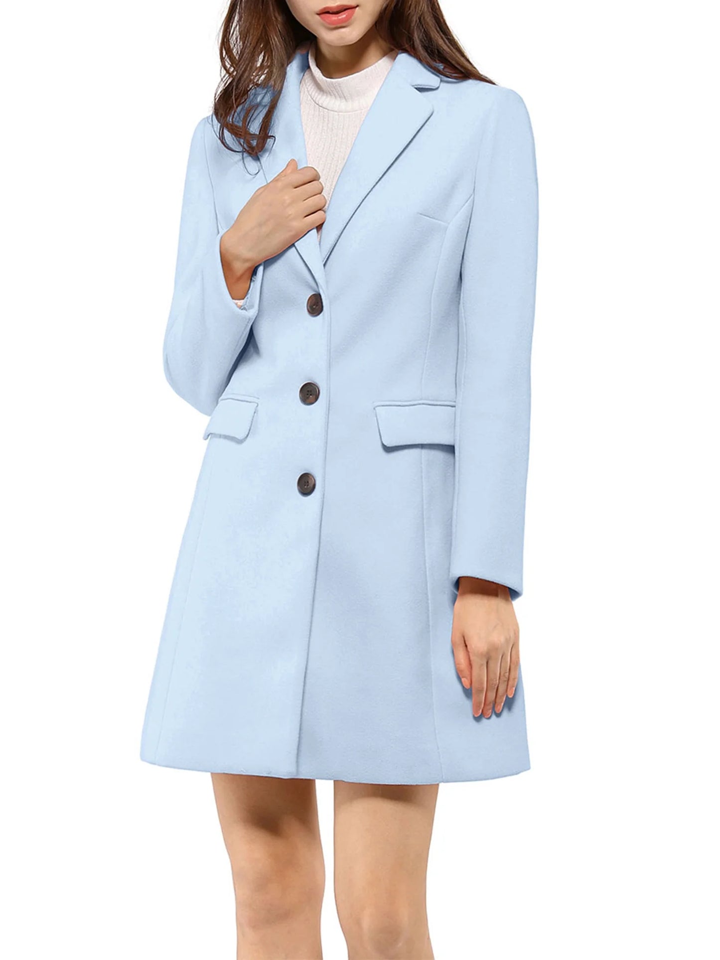 Women's Notched Lapel Long Sleeve Single Breasted Peacoat in Light Blue for Fall and Winter