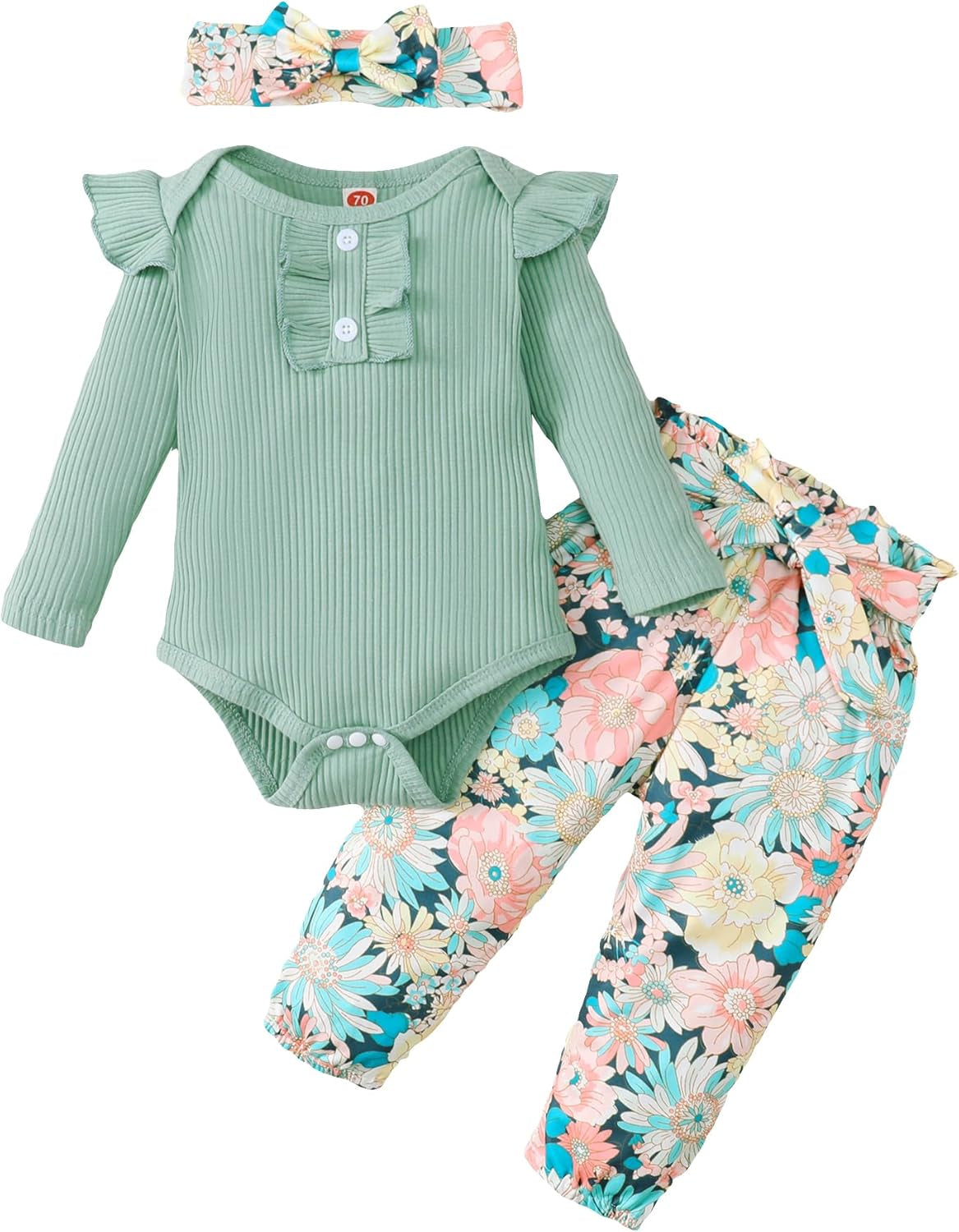 Adorable Kislio Newborn Baby Girls Outfit Set - Ribbed Ruffled Romper, Floral Pants & Matching Headband
