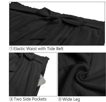 Women's High-Waisted Wide Leg Lounge Pants with Pockets and Adjustable Tie Knot - Casual and Work Trousers