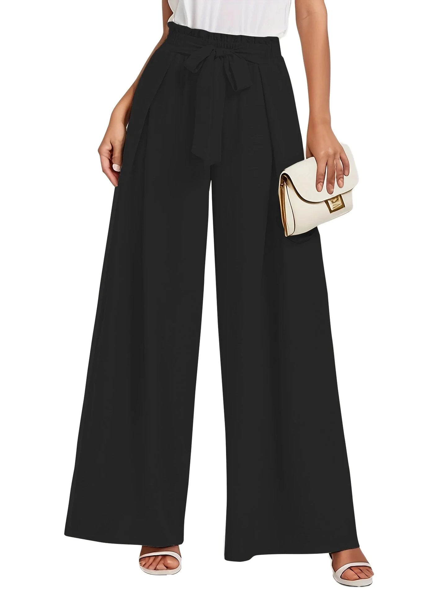 Women's High-Waisted Wide Leg Lounge Pants with Pockets and Adjustable Tie Knot - Casual and Work Trousers