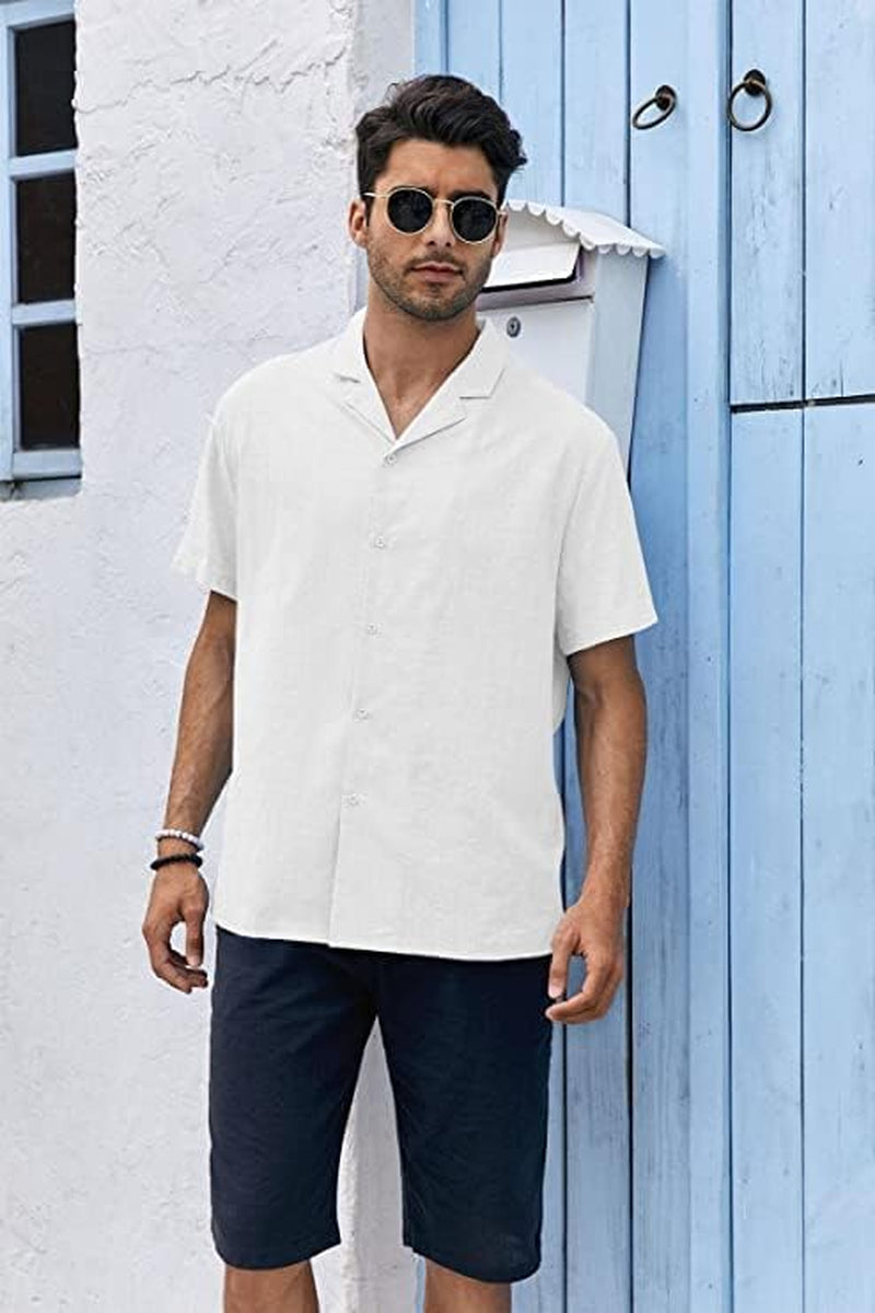 Rorina Men's White Short Sleeve Cotton Linen Camp Shirt - Perfect Casual Summer Beachwear