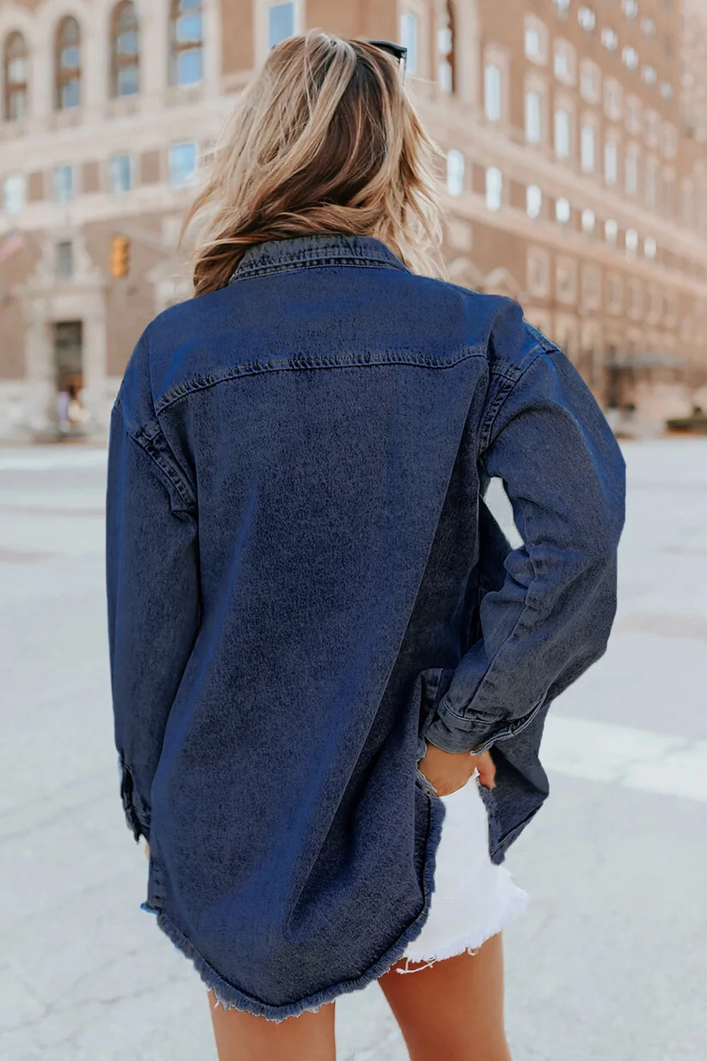 Women's Casual Long Sleeve Denim Jacket - Distressed Button-Down Boyfriend Shacket in Green