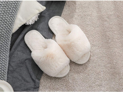 HUMIWA Women's Plush Fur Flat Slippers - Comfortable Open Toe Memory Foam Sandals for Versatile Indoor and Outdoor Use