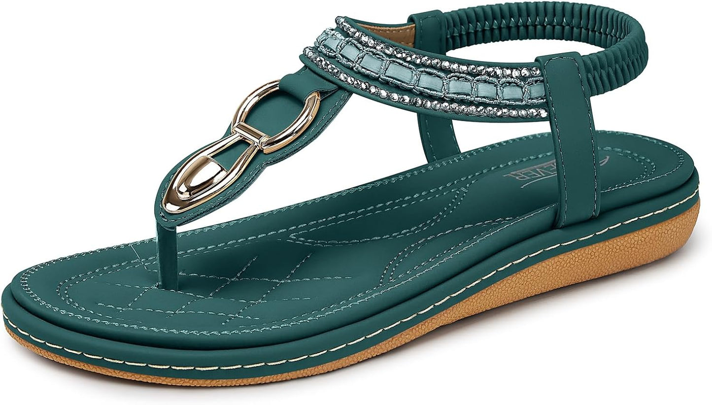SHIBEVER Women's Elegant Summer Sandals: Comfortable Flat Bohemian T-Strap Casual Footwear