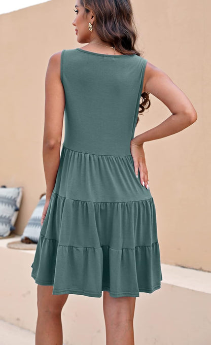 Halife Women's Summer Sleeveless V-Neck Button-Front Pleated Swing Dress