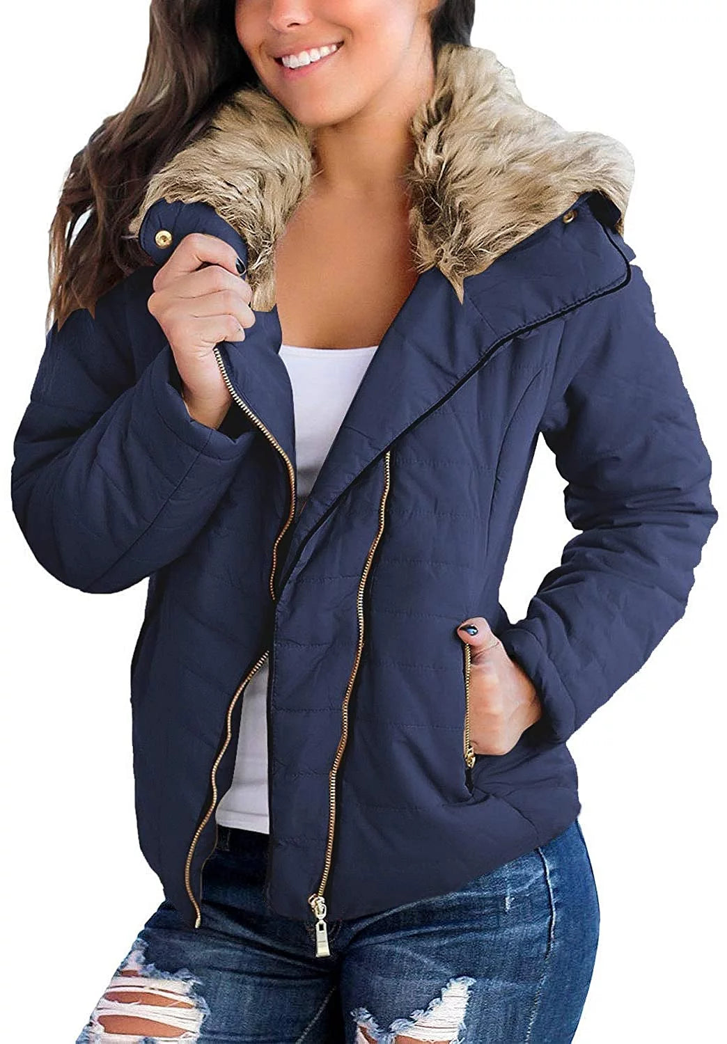 Women's Quilted Puffer Parka Coat with Faux Fur Lapel and Pockets, Sizes S-2XL