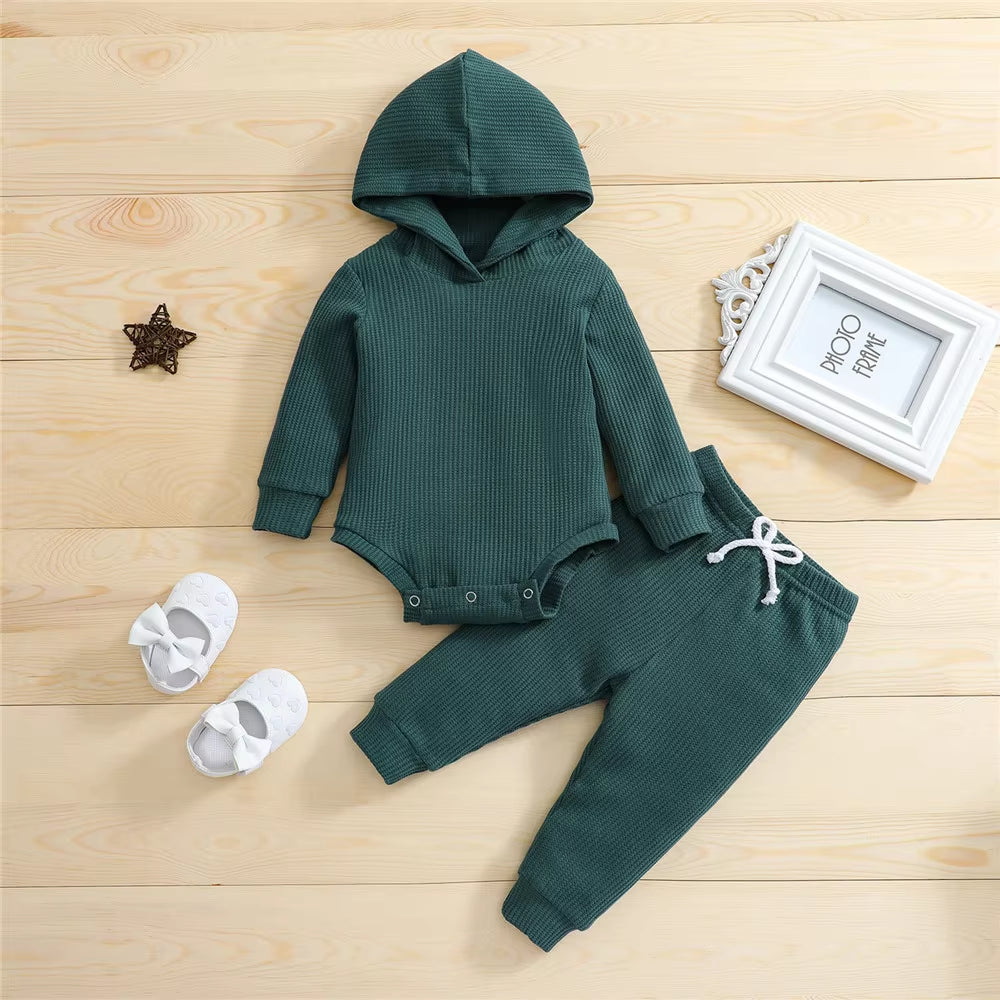 Hooded Jumpsuit and Trousers Set for Newborns in Solid Colors for Boys and Girls
