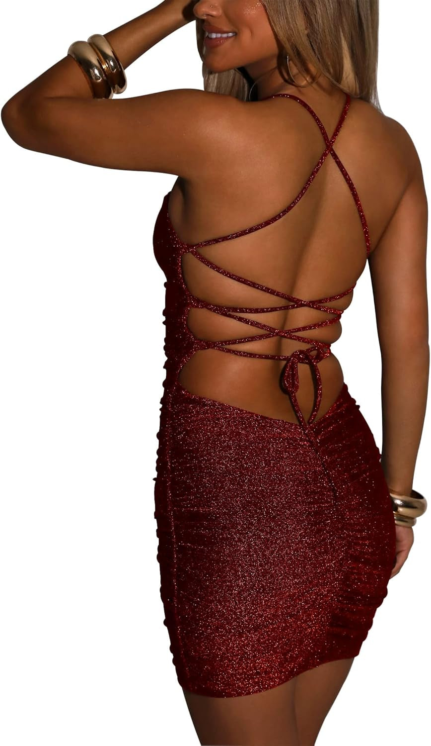 FV RELAY Women's Glitter Bandage Bodycon Sleeveless Mini Dress for Club and Party Events