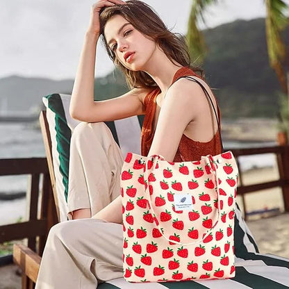 Stylish Strawberry Corduroy Tote Bag for Women - Canvas Shoulder Purse with Inner Pocket