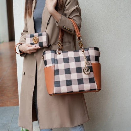 Bonita Checker Vegan Leather Tote Bag & Wristlet Wallet Set - Stylish Cognac Handbag by Mia K.