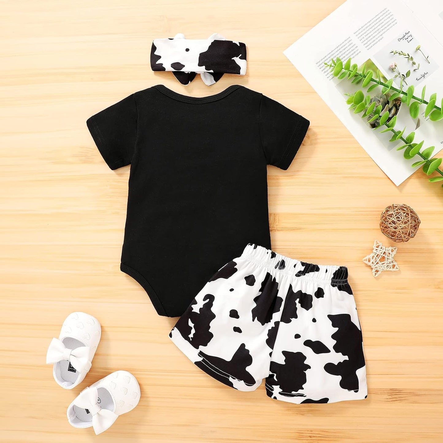 Adorable Summer Cow Print Romper & Shorts Set for Baby Girls - Embroidered Design!