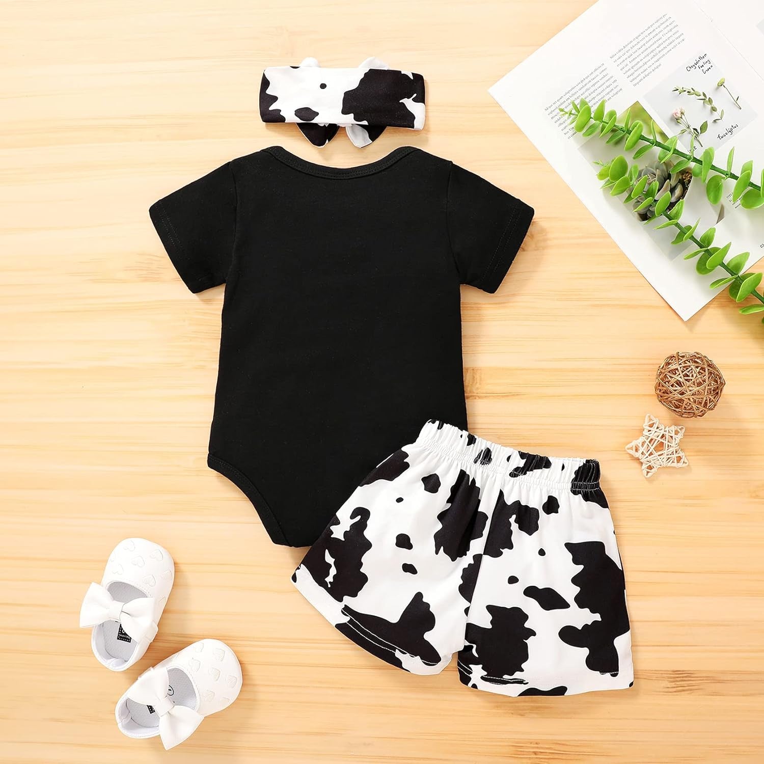 Adorable Summer Cow Print Romper & Shorts Set for Baby Girls - Embroidered Design!