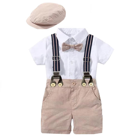 Newborn Boys' Gentleman Outfit Set: Bow Tie, Hat, Sailboat Print Romper, and Suspender Shorts