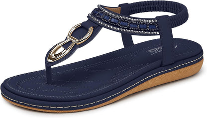 SHIBEVER Women's Elegant Summer Sandals: Comfortable Flat Bohemian T-Strap Casual Footwear