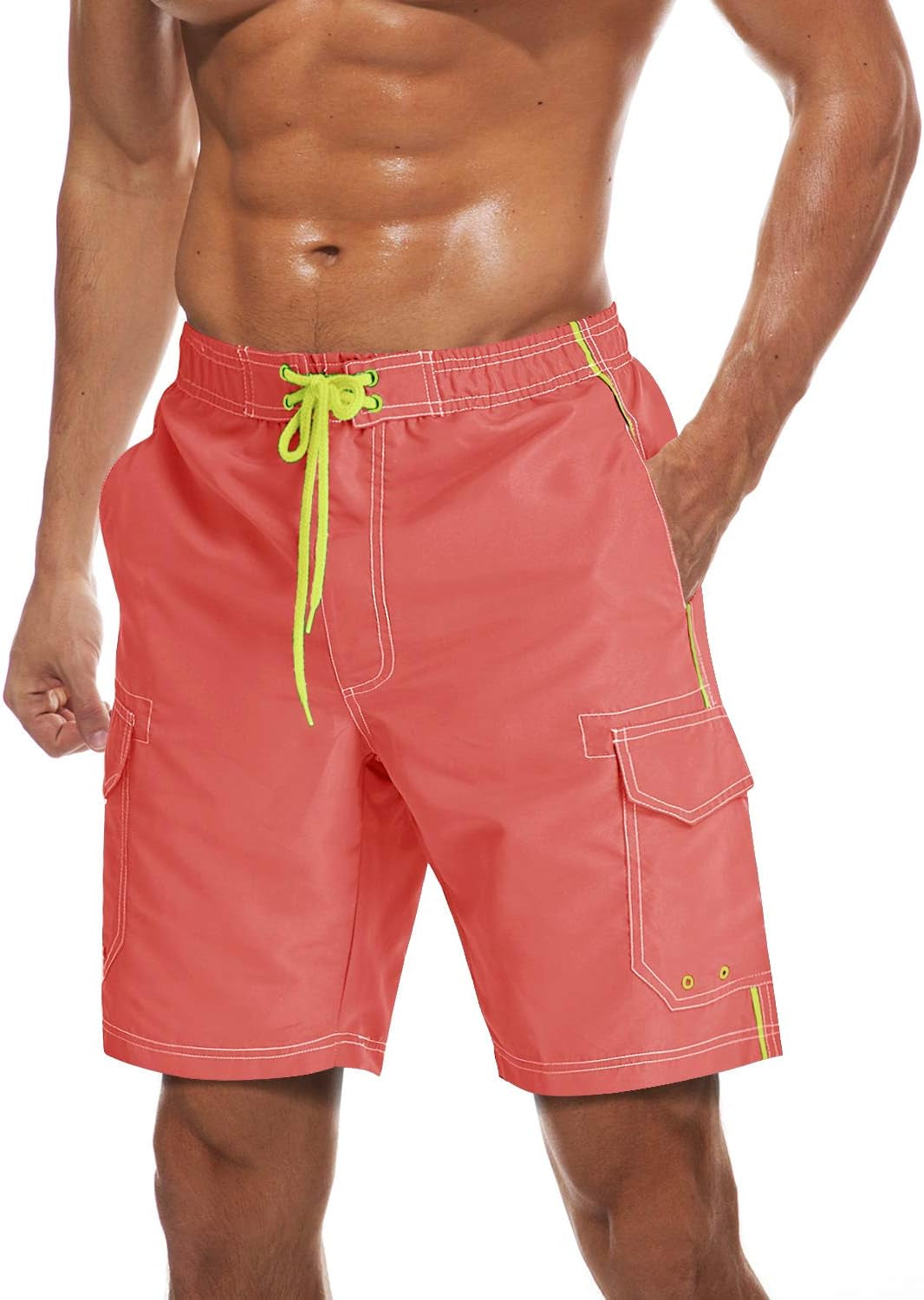 Men's Quick-Dry Watermelon Red Swim Trunks with Lining by TACVASEN