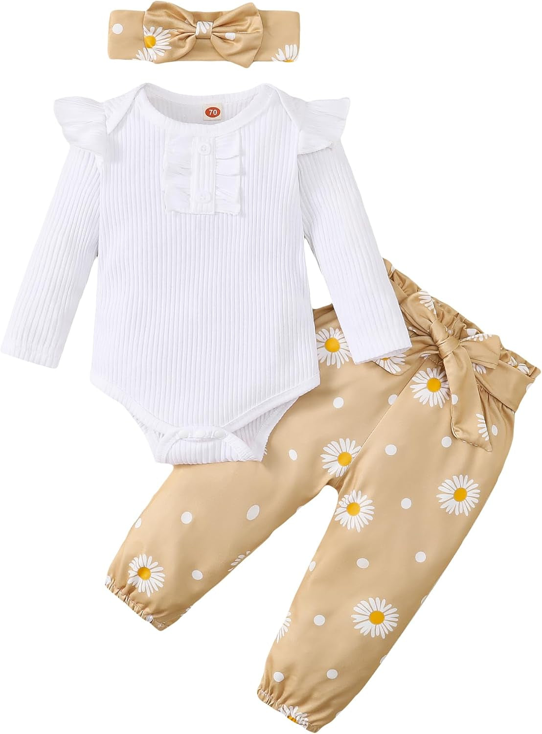 Adorable Kislio Newborn Baby Girls Outfit Set - Ribbed Ruffled Romper, Floral Pants & Matching Headband
