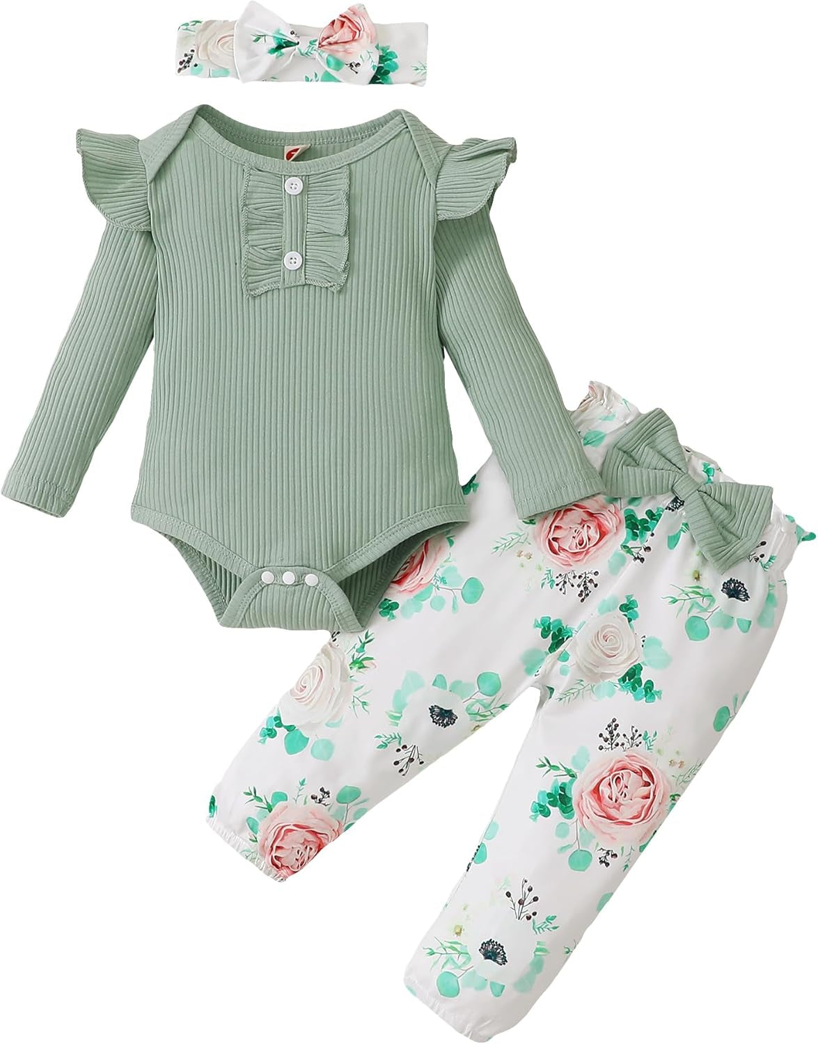 Adorable Kislio Newborn Baby Girls Outfit Set - Ribbed Ruffled Romper, Floral Pants & Matching Headband