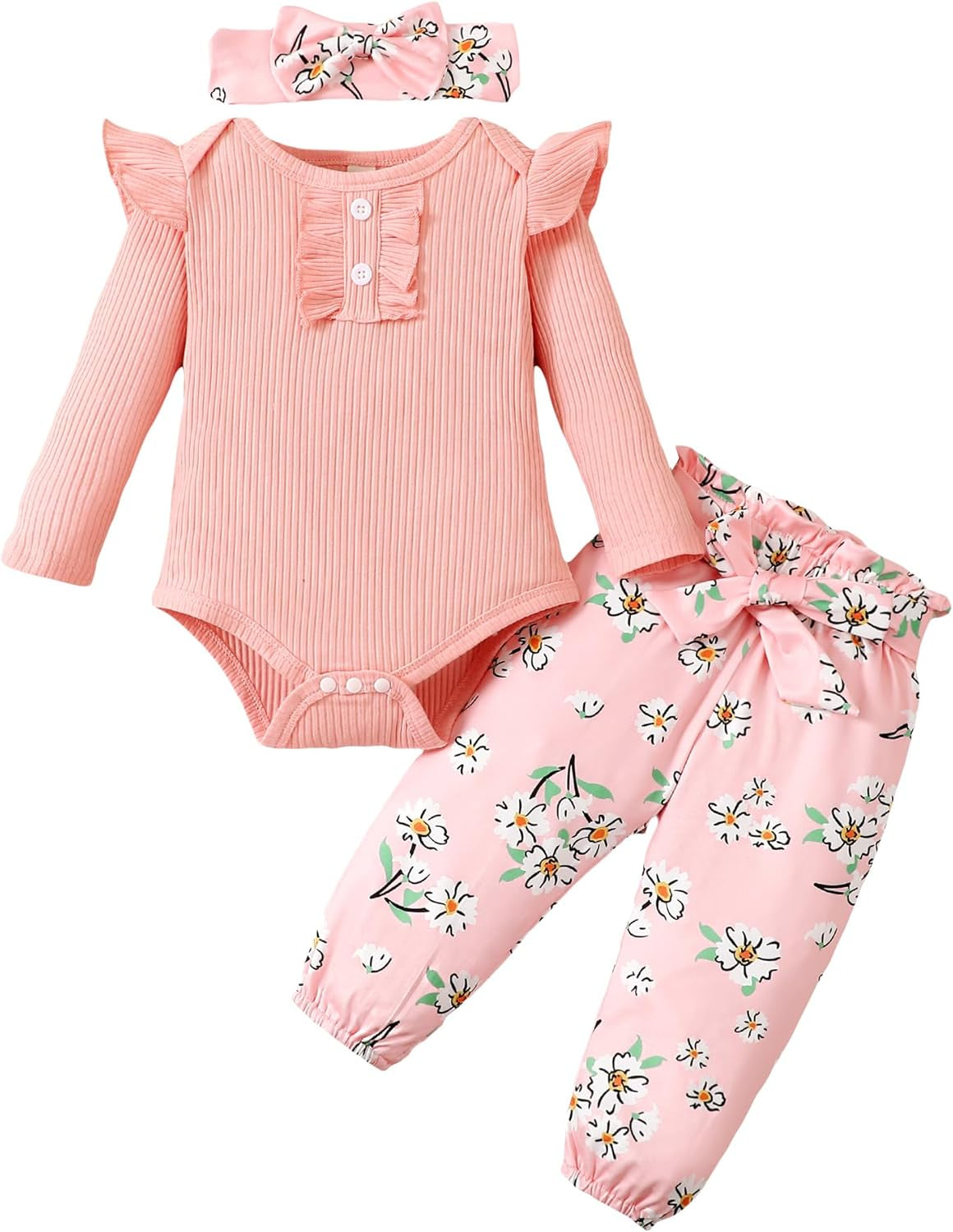 Adorable Kislio Newborn Baby Girls Outfit Set - Ribbed Ruffled Romper, Floral Pants & Matching Headband