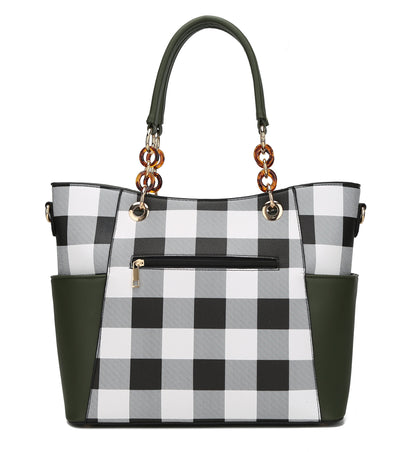 Bonita Checker Vegan Leather Tote Bag & Wristlet Wallet Set - Stylish Cognac Handbag by Mia K.