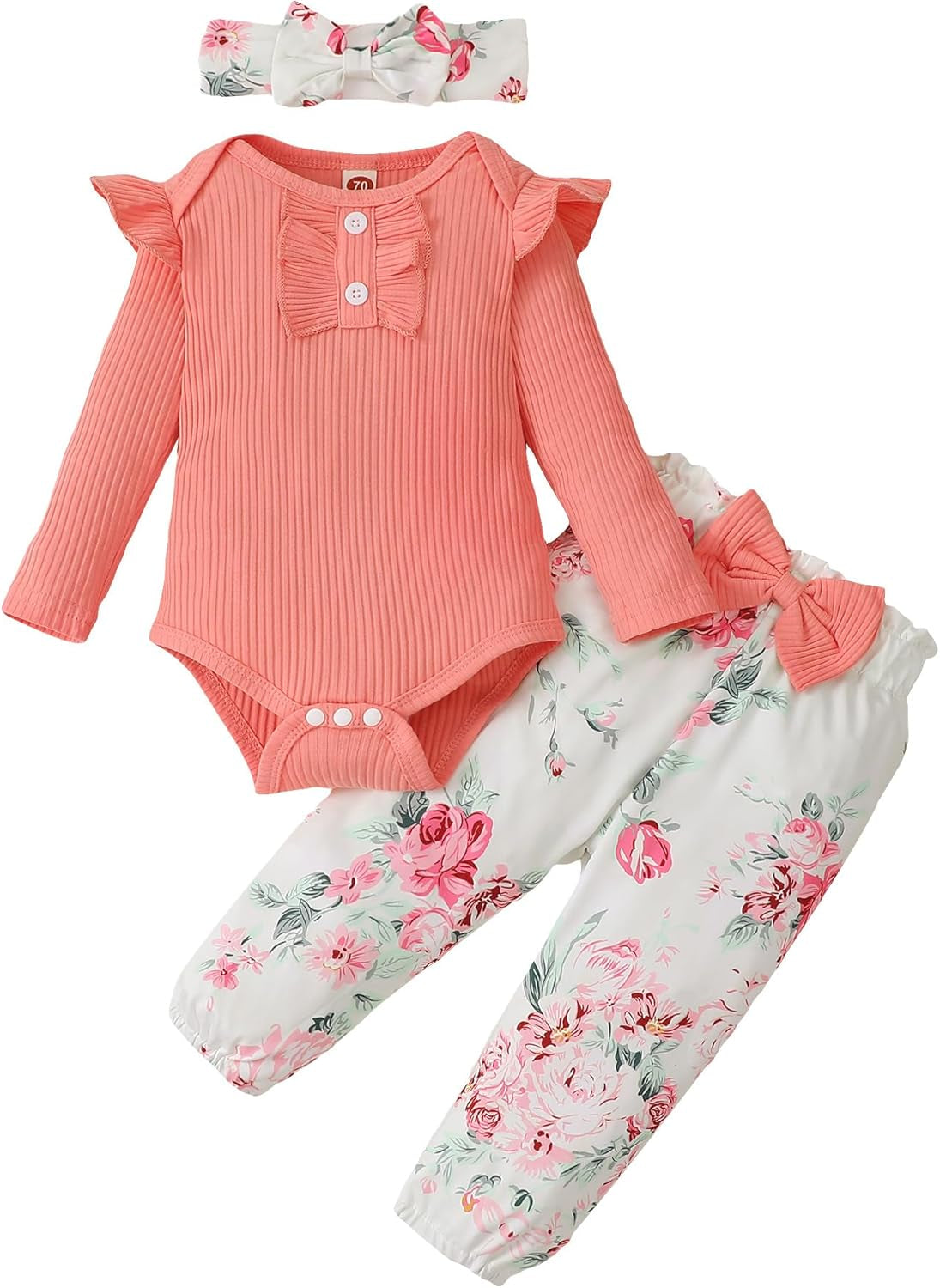 Adorable Kislio Newborn Baby Girls Outfit Set - Ribbed Ruffled Romper, Floral Pants & Matching Headband