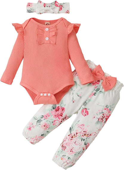 Adorable Kislio Newborn Baby Girls Outfit Set - Ribbed Ruffled Romper, Floral Pants & Matching Headband