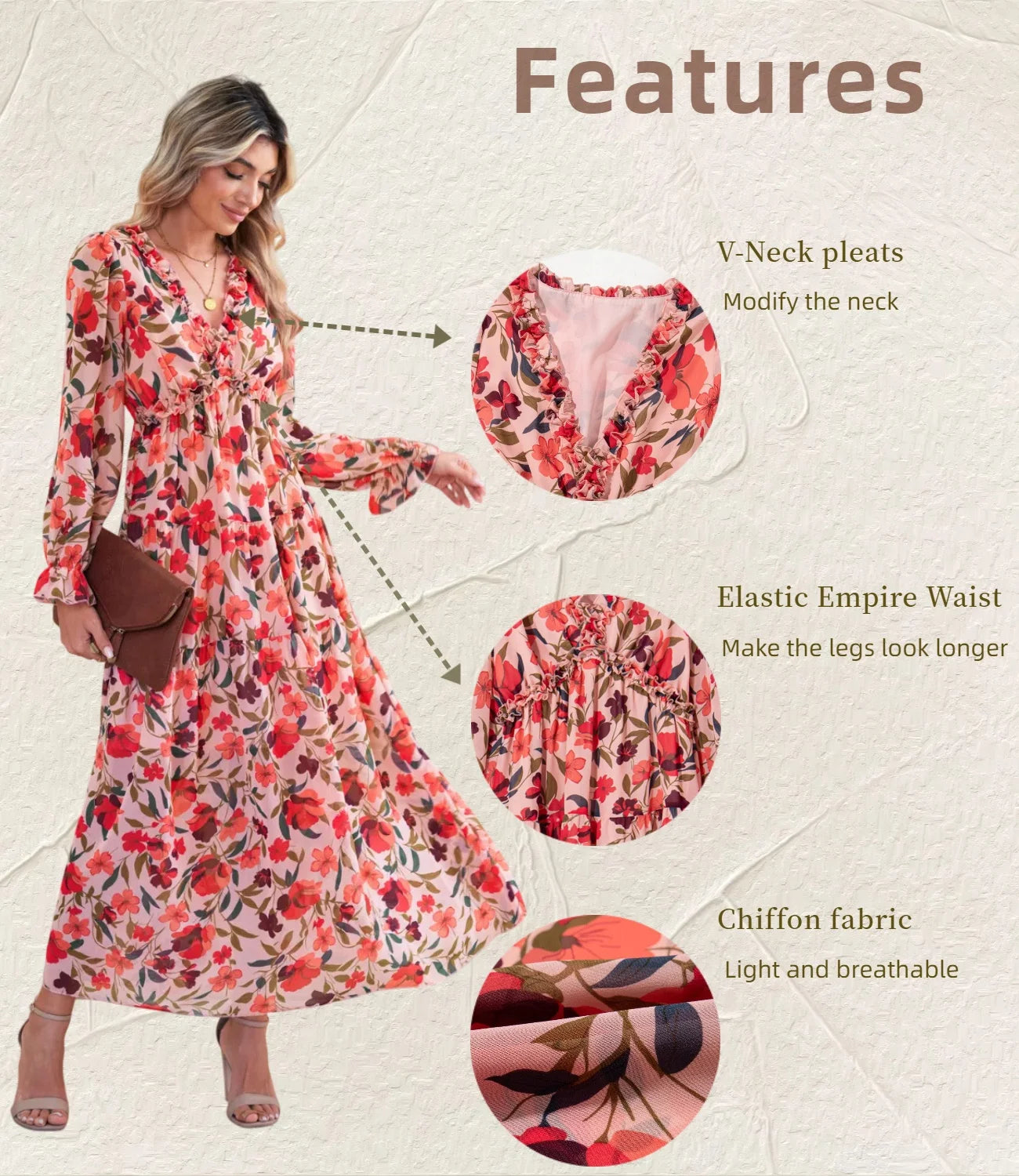 Blue Floral Print Maxi Dress for Women - Fall Chiffon Deep V-Neck Long Sleeve Ruffle Hem Party Dress with Elastic Cuffs, Boho Style for Holiday Vacation, Size US 4-6 (S)