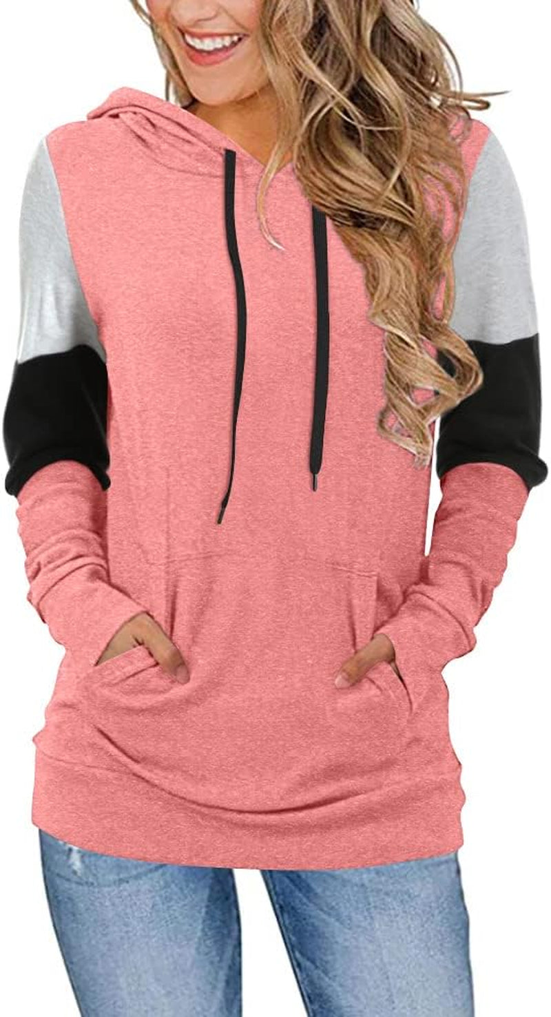 CATHY Women's Casual Color Block Long Sleeve Pullover Hoodie Tunic with Pocket